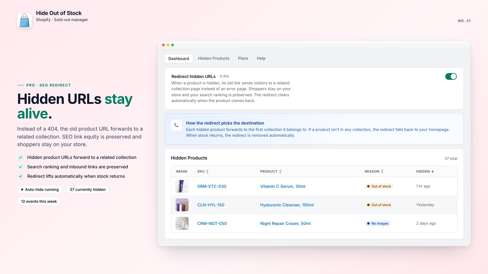 Hide Out of Stock adding an SEO-safe 301 redirect when a Shopify product is hidden