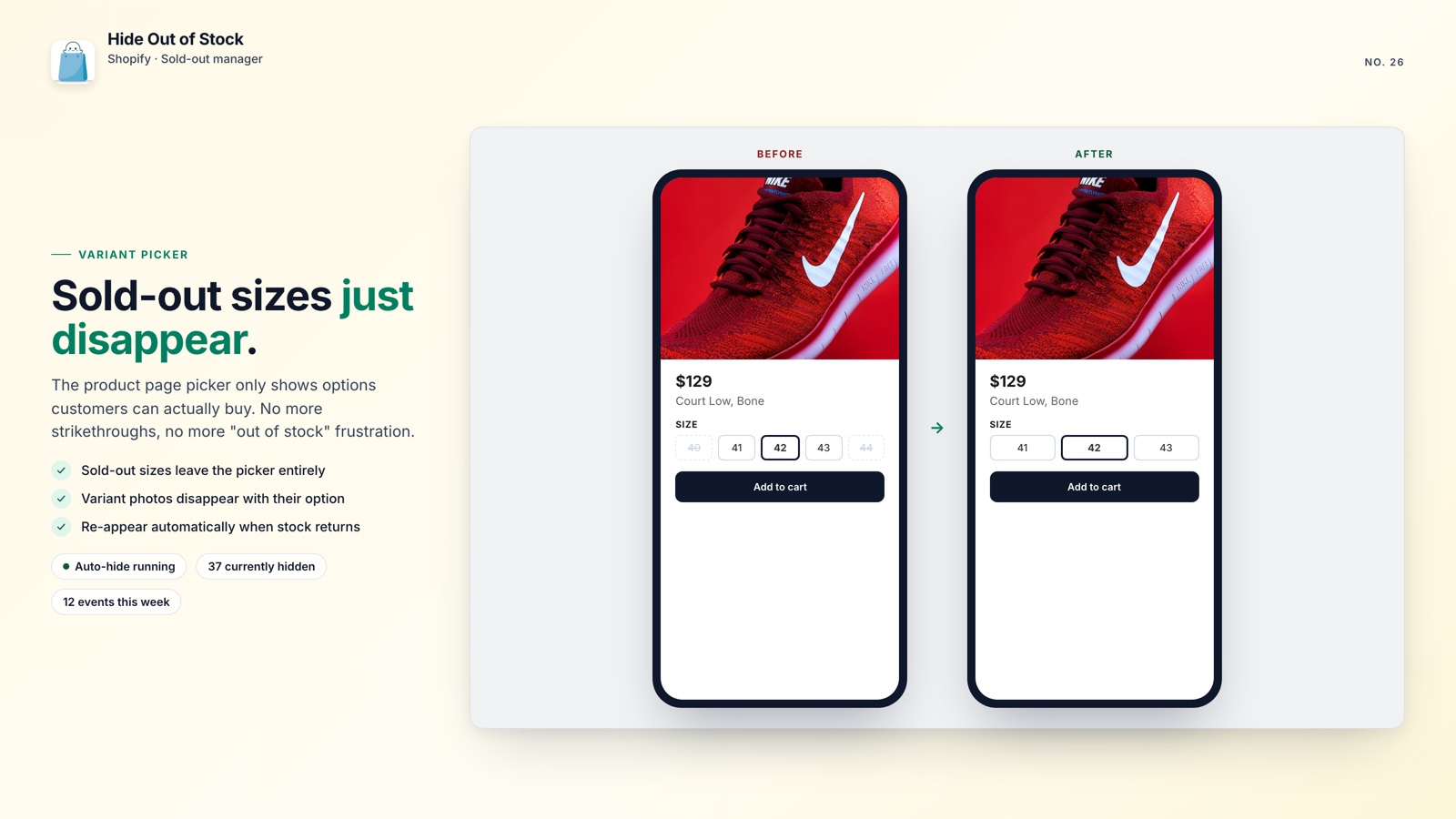 Sold-out variant sizes removed from a Shopify product page picker