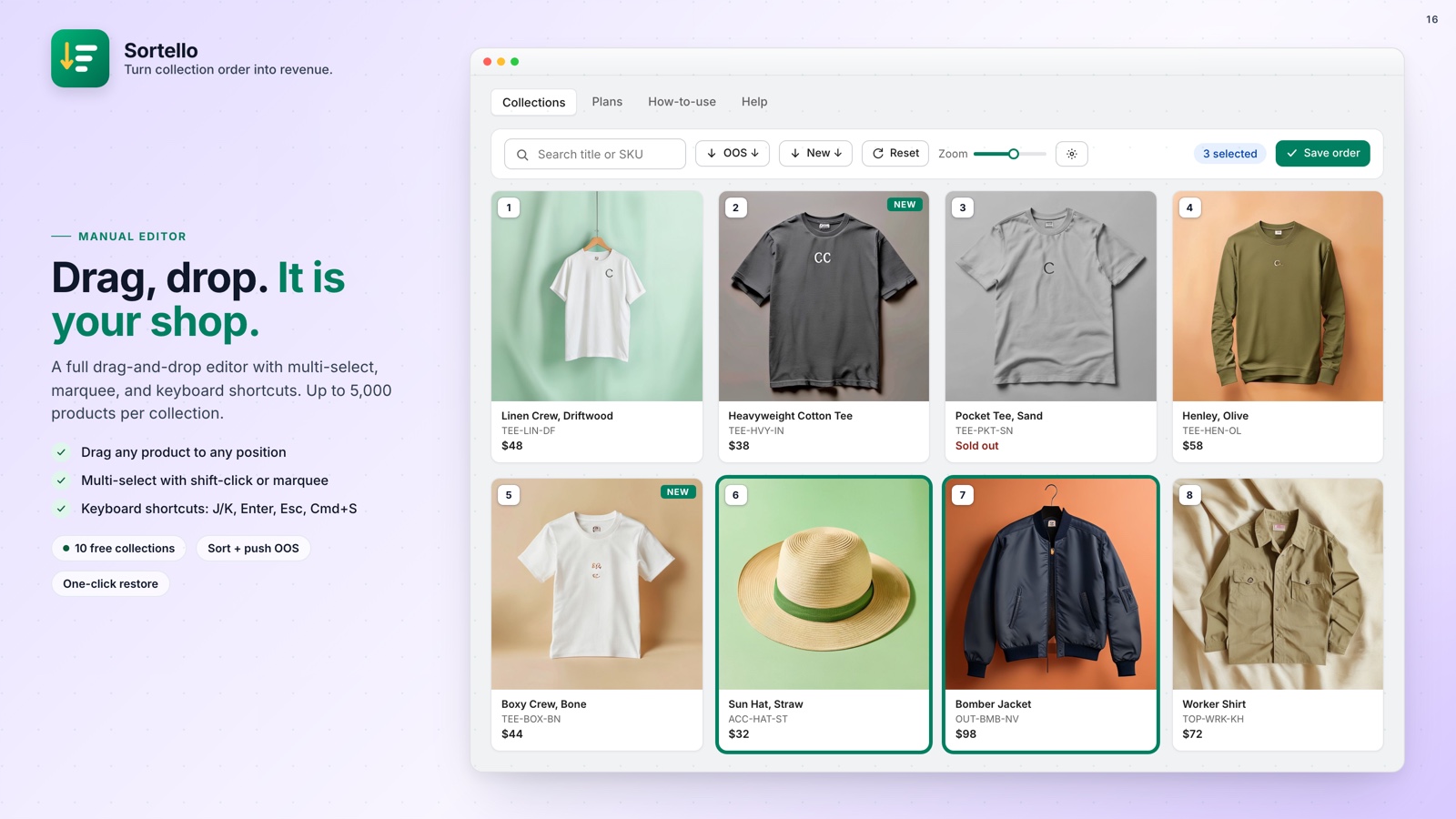 Sortello manual drag-and-drop editor for reordering Shopify collection products