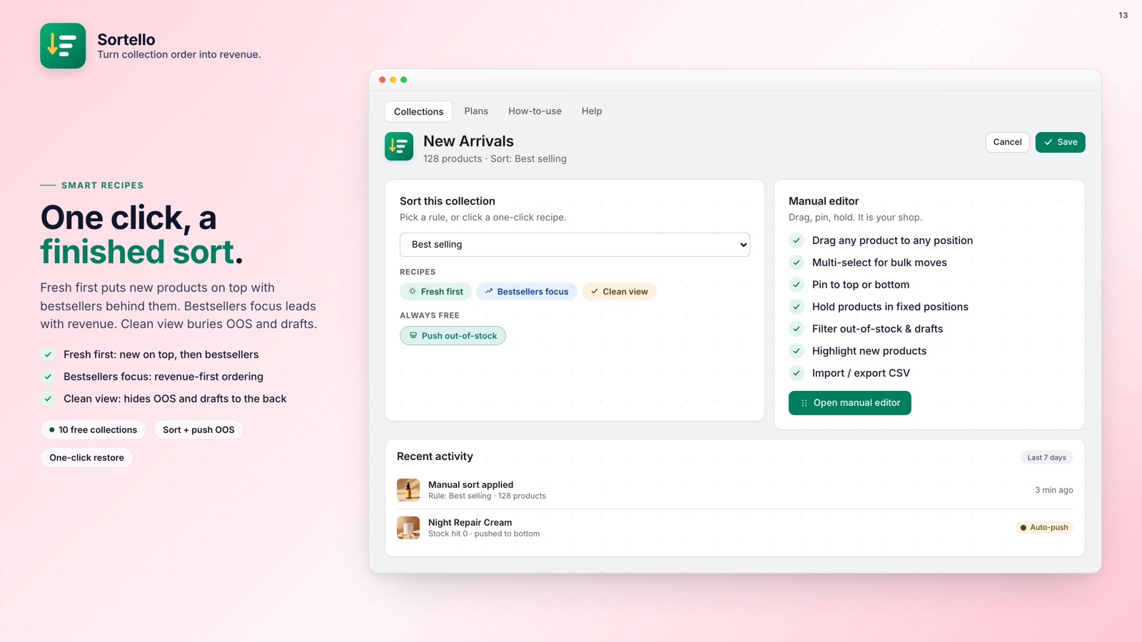 Sortello smart sort recipes that blend several rules for a Shopify collection