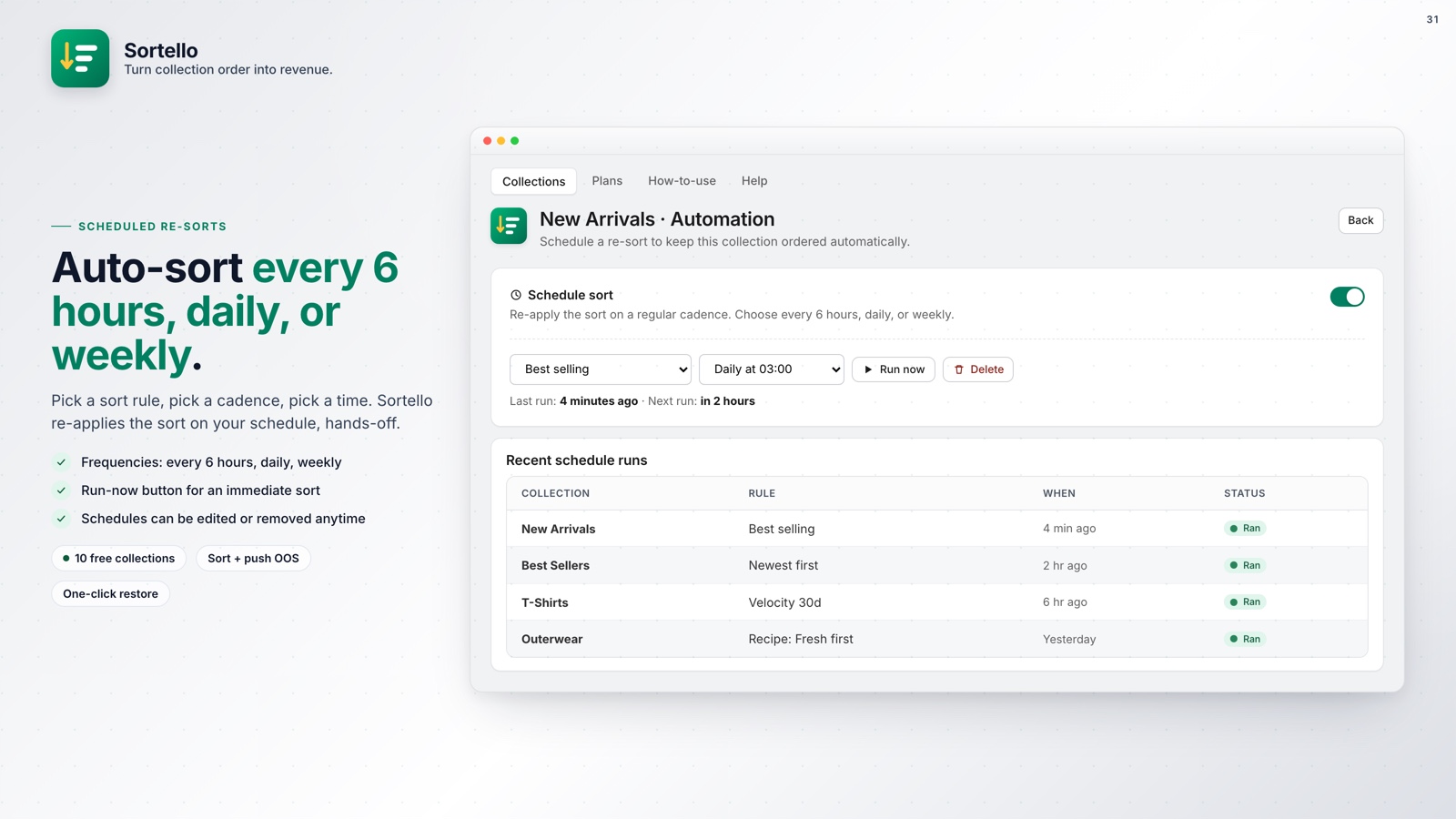 Scheduling automatic Shopify collection re-sorts in Sortello