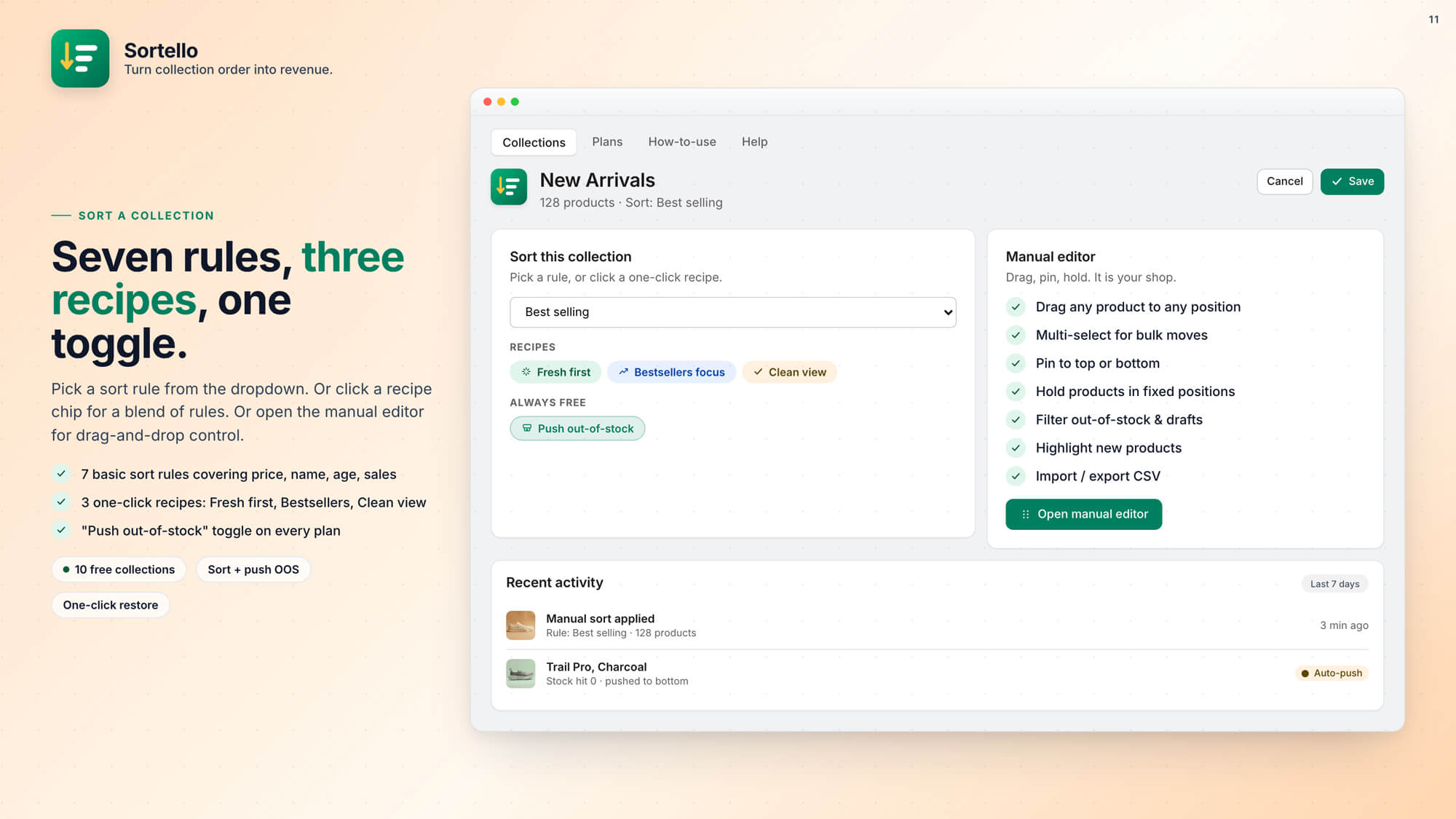 Sortello sort rules, one-click recipes and manual editor