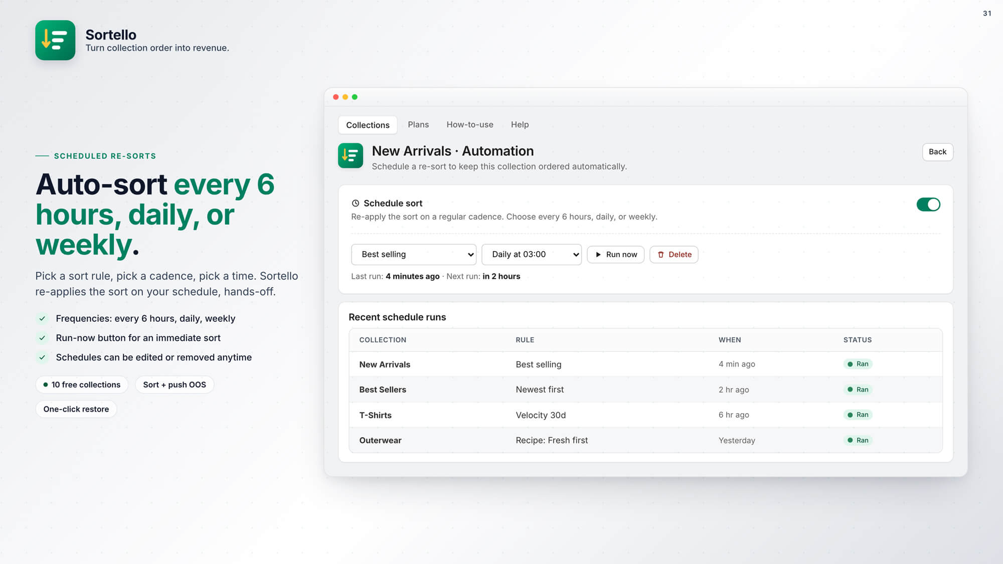 Scheduling automatic collection re-sorts every 6 hours, daily, or weekly in Sortello